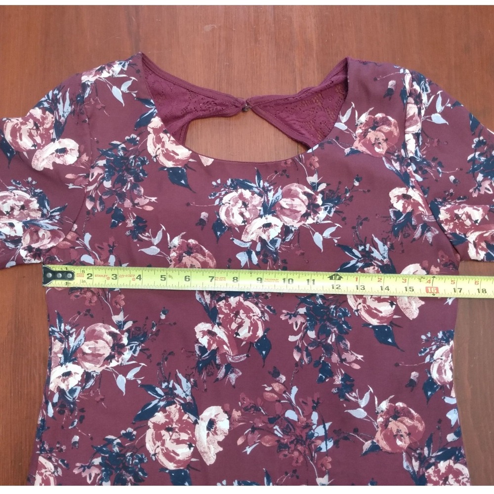 Romantic Dark Florals Lace Back Keyhole Burgundy Long Sleeve Dress Tunic Small - Picture 6 of 10